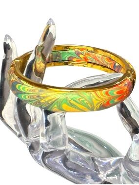 60’s Psychedelic Multicolored Hand-painted Paper Mâché Clamper Bangle Bracelet